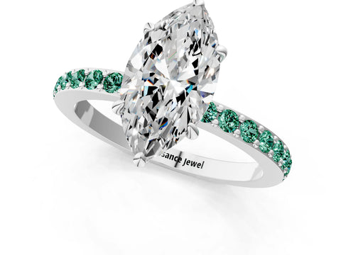 White gold Marquise Cut Diamond Pavé Engagement Ring with Round with Green Sapphire side stone Accents and Prong Setting_7