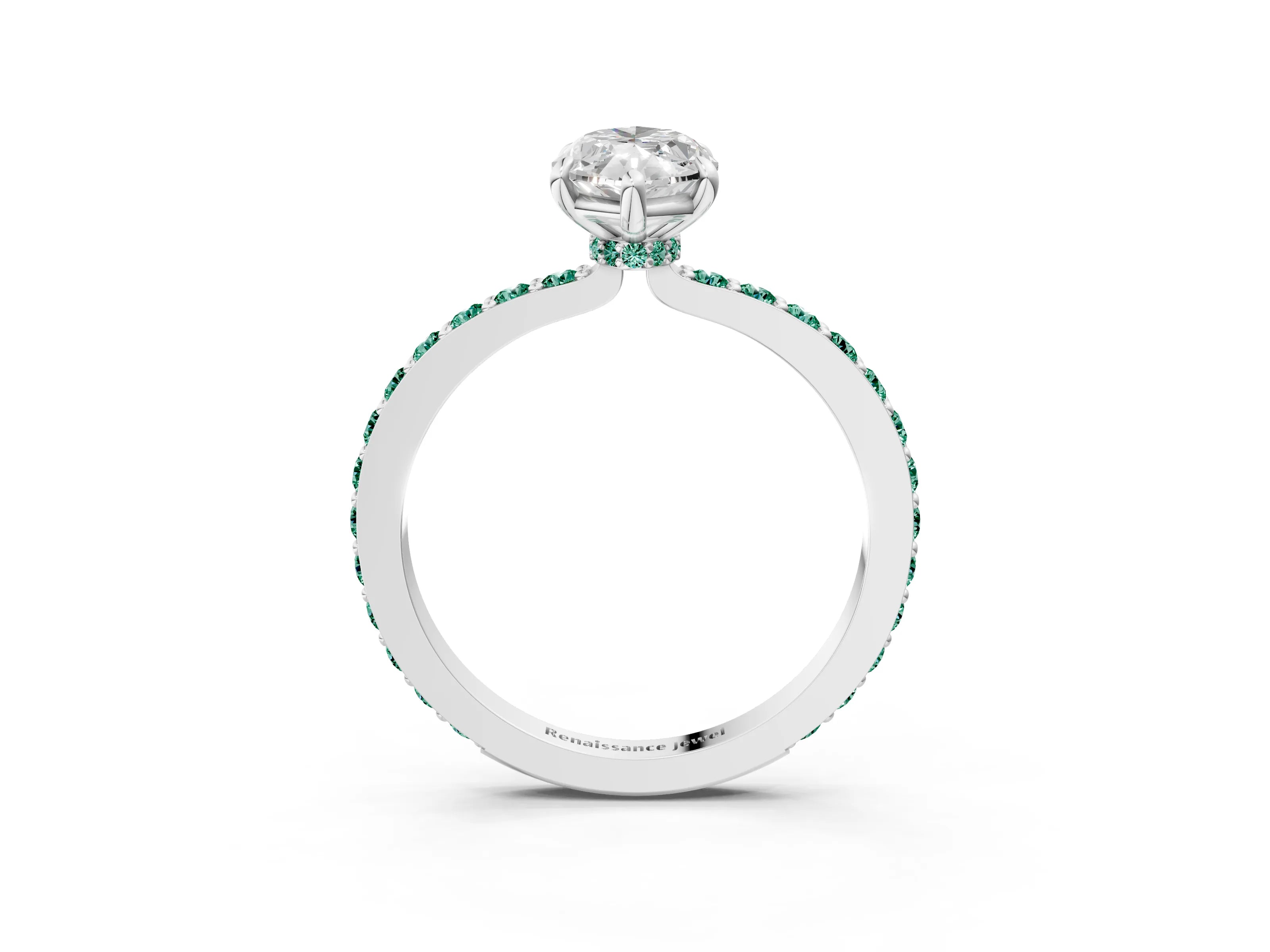 White gold Marquise Cut Diamond Pavé Engagement Ring with Round with Green Sapphire side stone Accents and Prong Setting_9