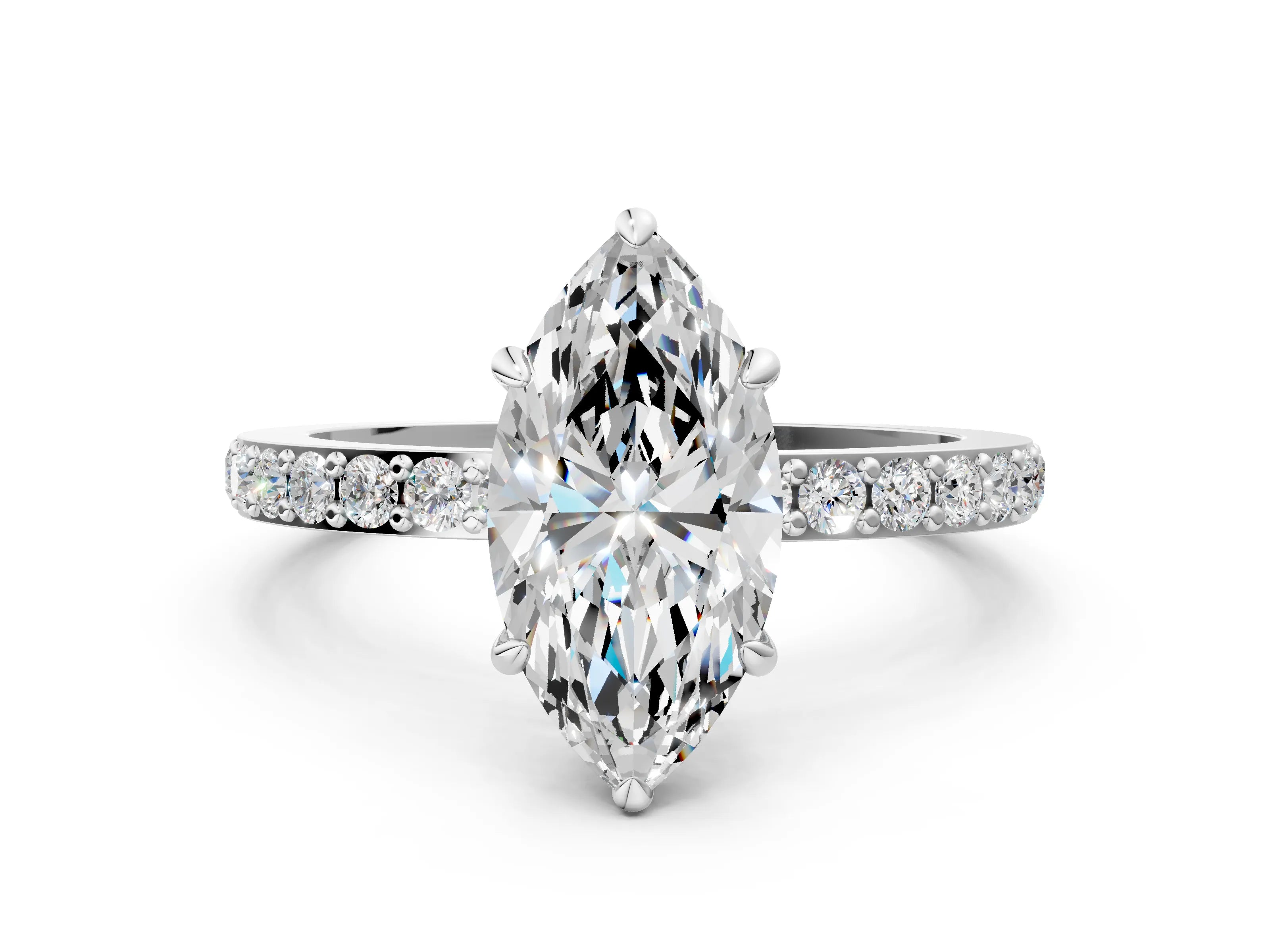 White gold Marquise Cut Diamond Pavé Engagement Ring with Round with Moissanite side stone Accents and Prong Setting
