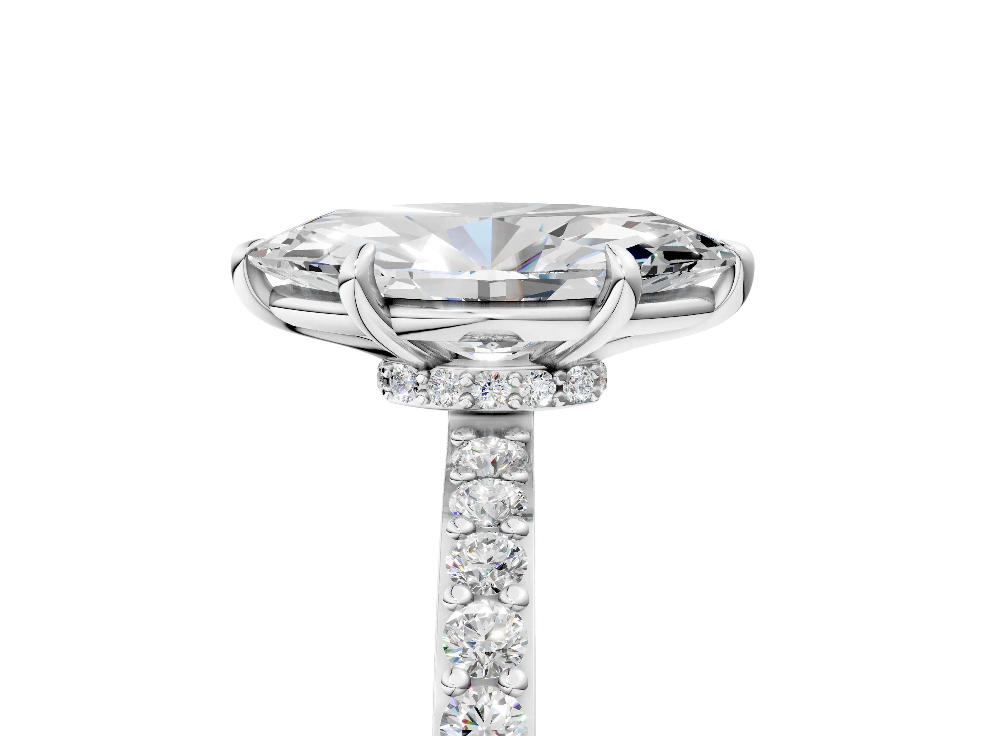 White gold Marquise Cut Diamond Pavé Engagement Ring with Round with Moissanite side stone Accents and Prong Setting_17