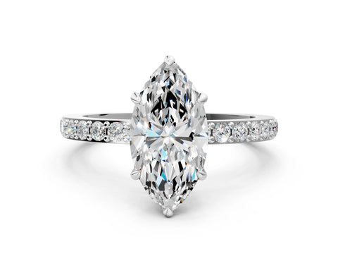 White gold Marquise Cut Diamond Pavé Engagement Ring with Round with Moissanite side stone Accents and Prong Setting