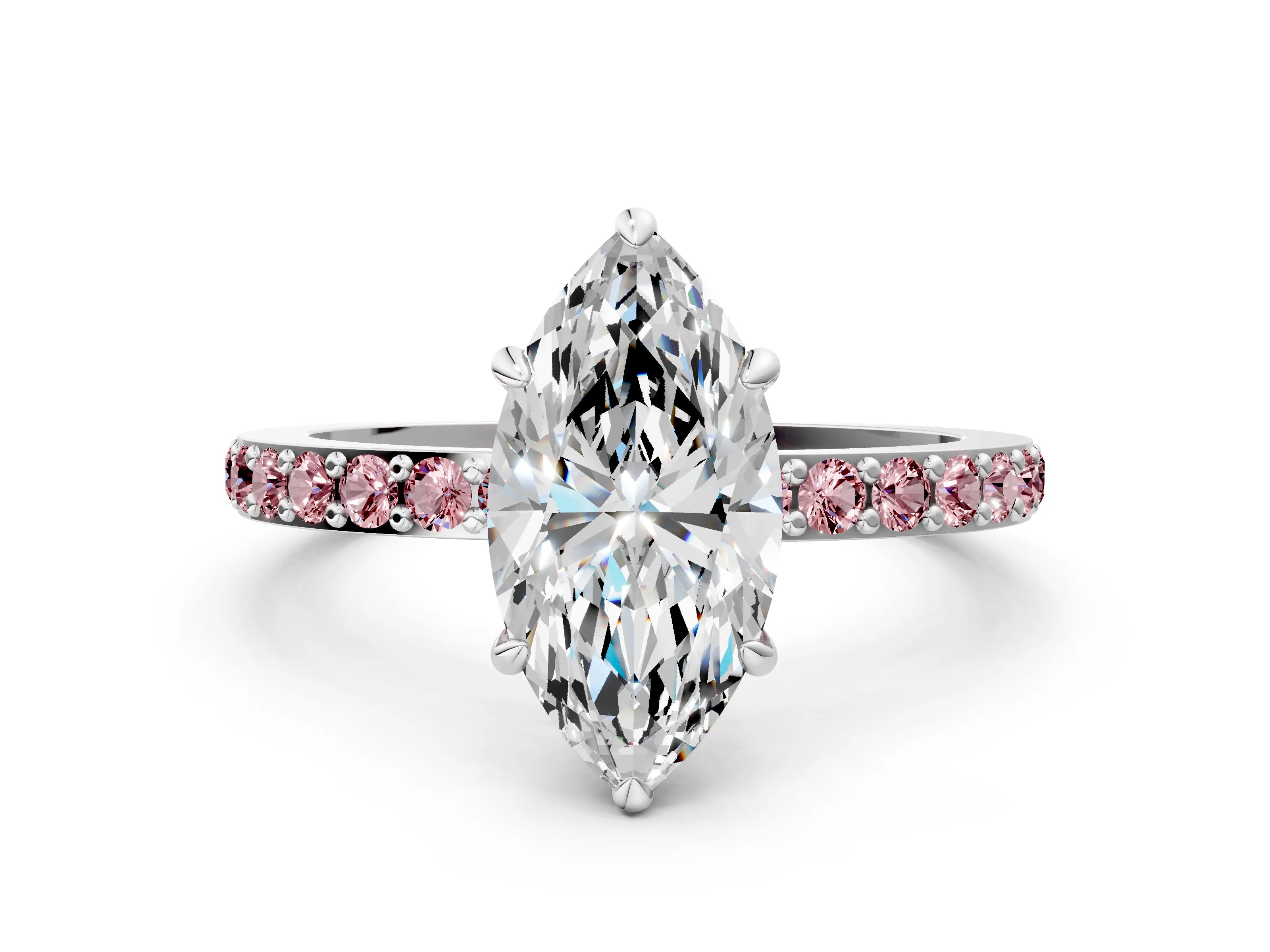 White gold Marquise Cut Diamond Pavé Engagement Ring with Round with Morganite side stone Accents and Prong Setting