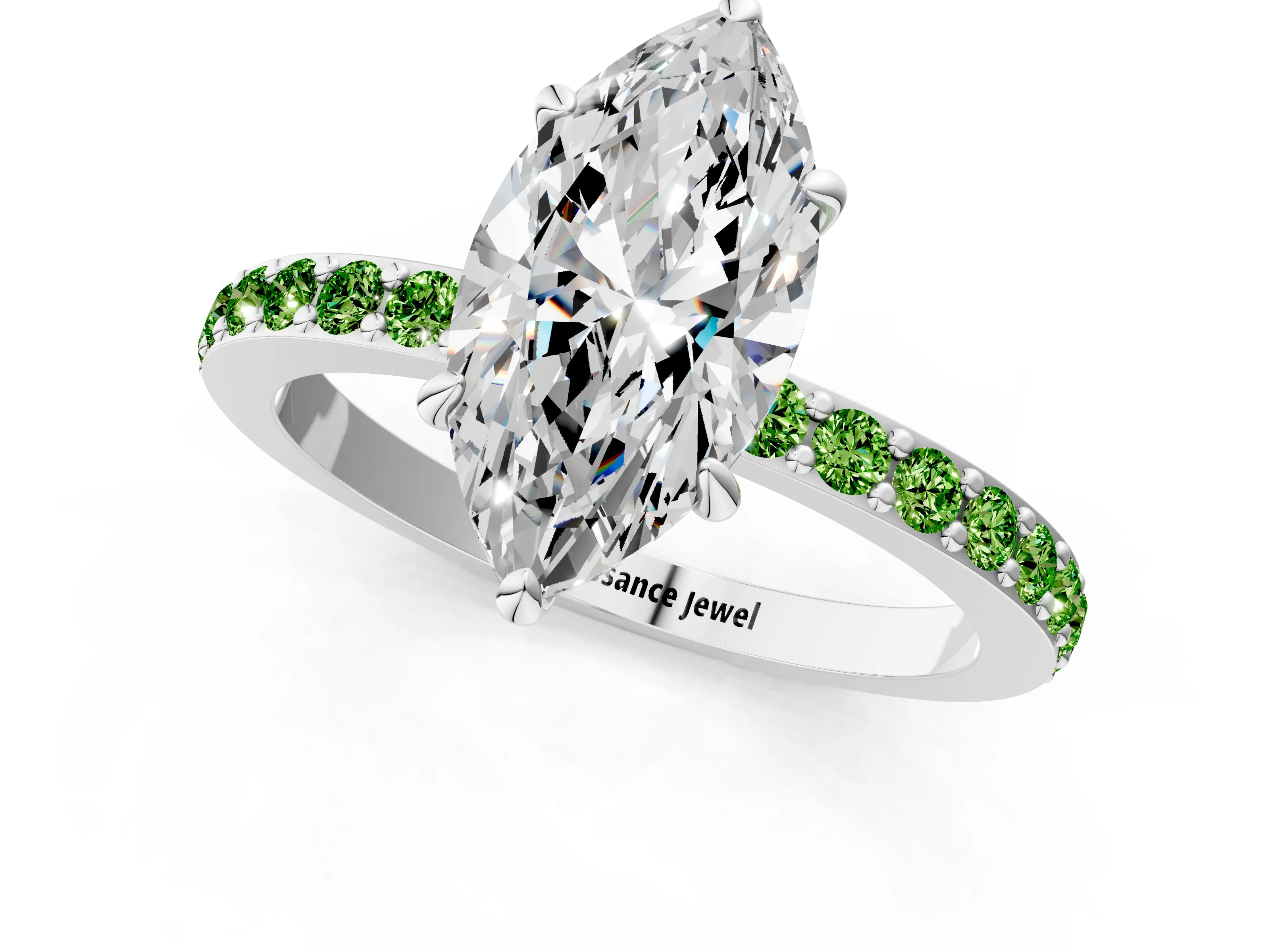 White gold Marquise Cut Diamond Pavé Engagement Ring with Round with Peridot side stone Accents and Prong Setting_1