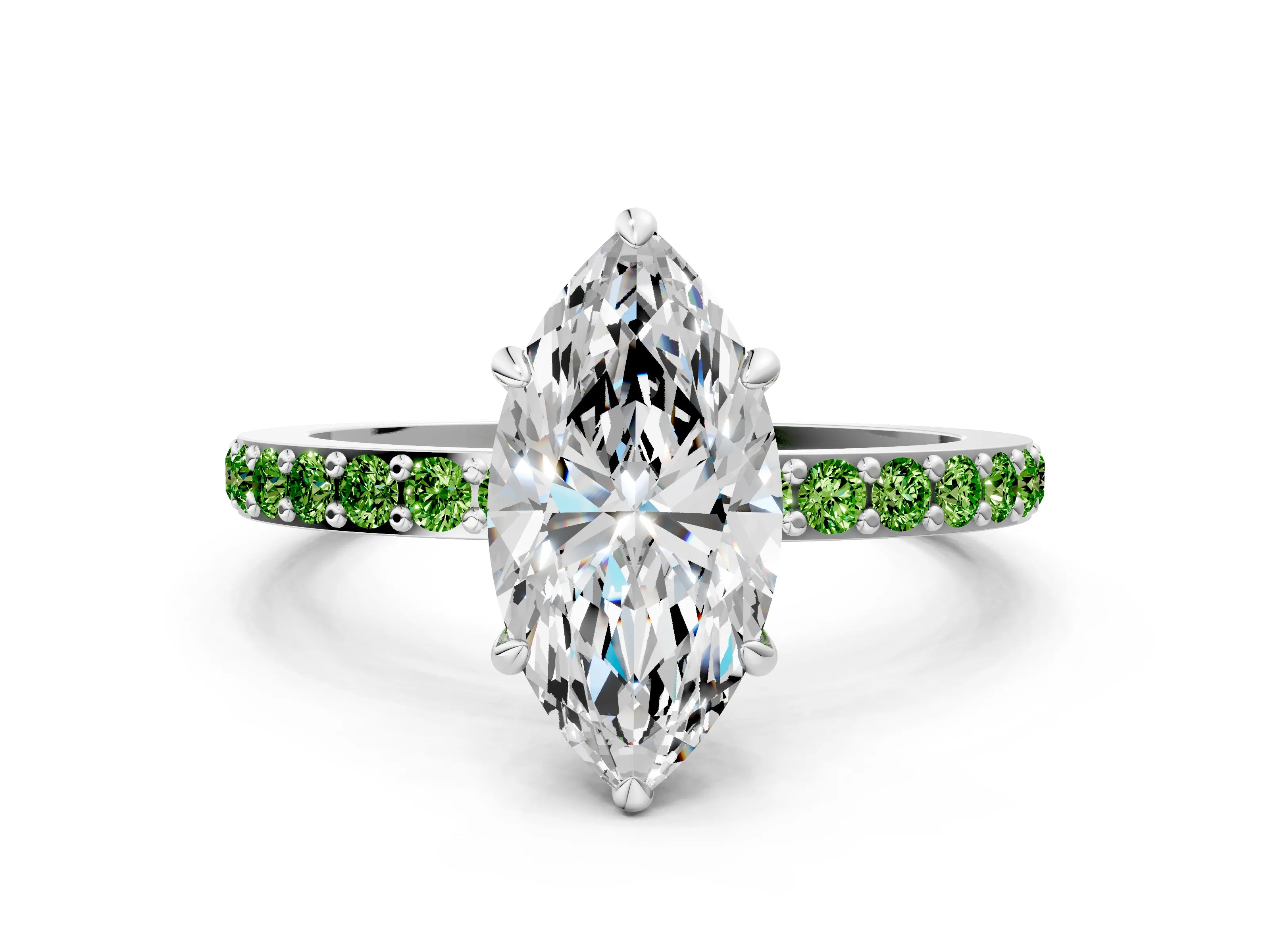 White gold Marquise Cut Diamond Pavé Engagement Ring with Round with Peridot side stone Accents and Prong Setting