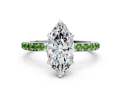 White gold Marquise Cut Diamond Pavé Engagement Ring with Round with Peridot side stone Accents and Prong Setting
