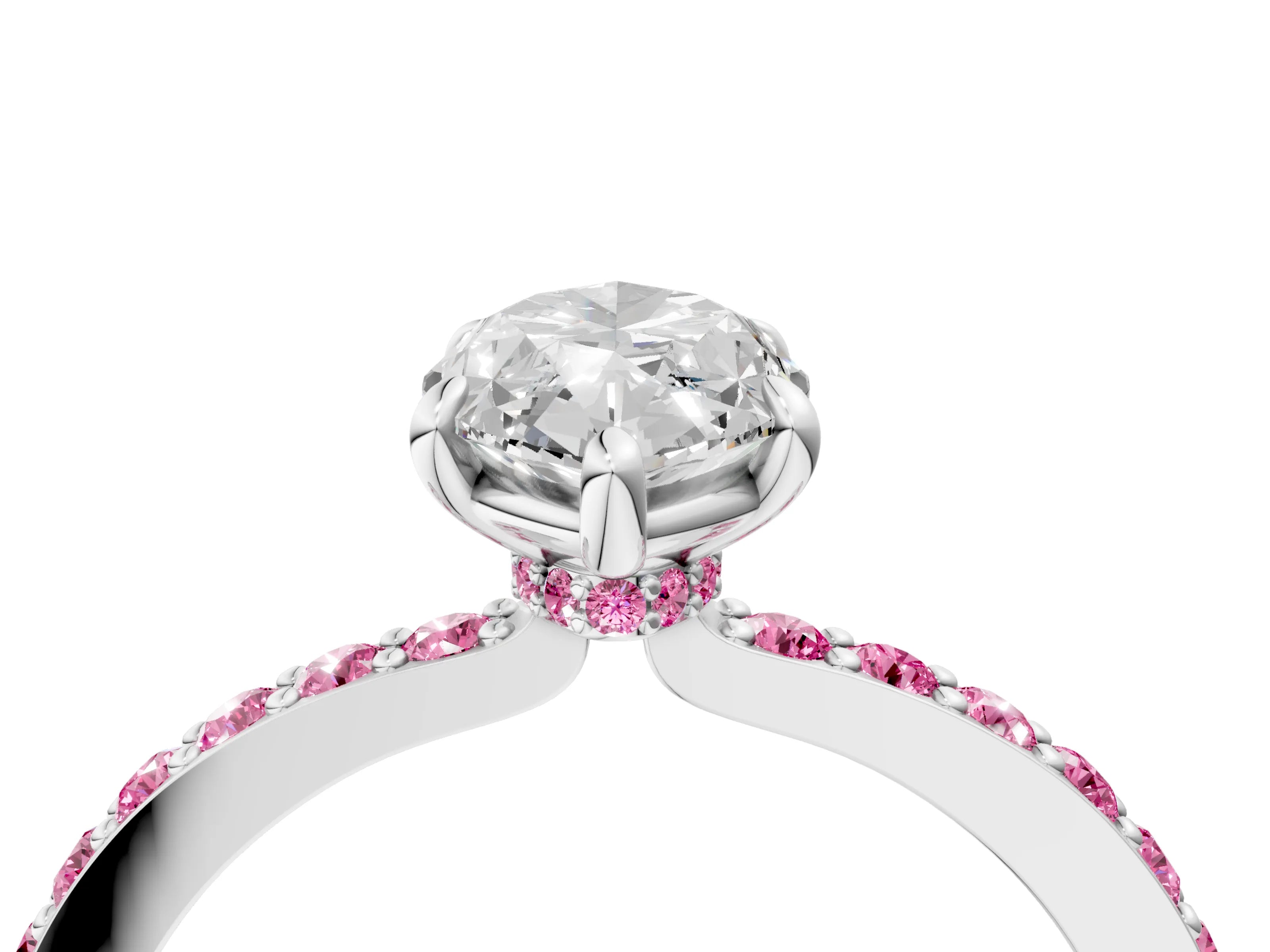 White gold Marquise Cut Diamond Pavé Engagement Ring with Round with Pink Sapphire side stone Accents and Prong Setting_10