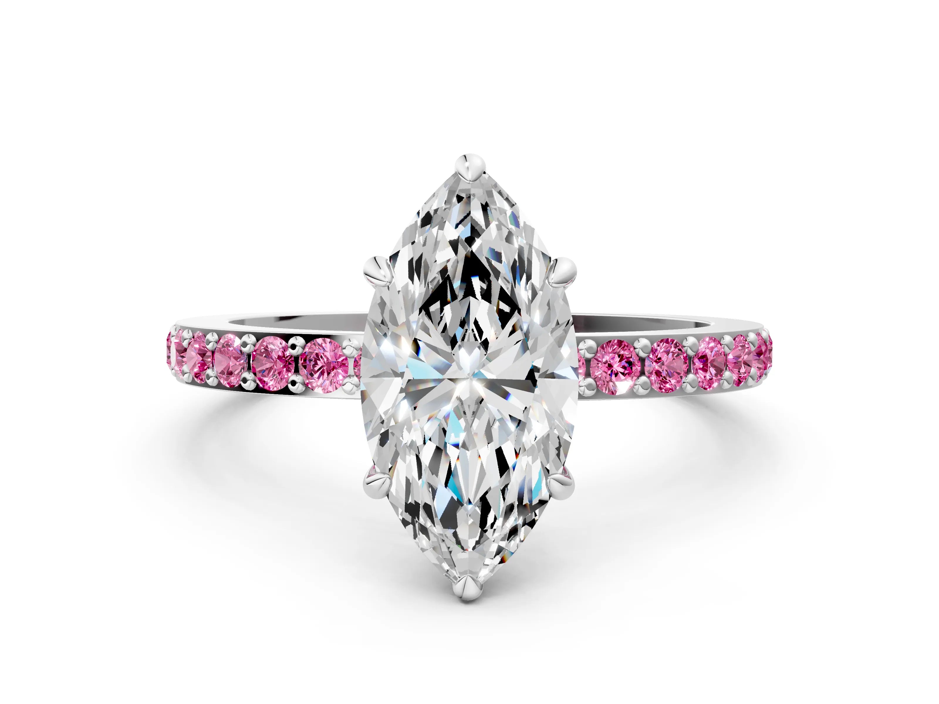 White gold Marquise Cut Diamond Pavé Engagement Ring with Round with Pink Sapphire side stone Accents and Prong Setting_12
