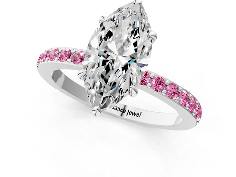 White gold Marquise Cut Diamond Pavé Engagement Ring with Round with Pink Sapphire side stone Accents and Prong Setting_13