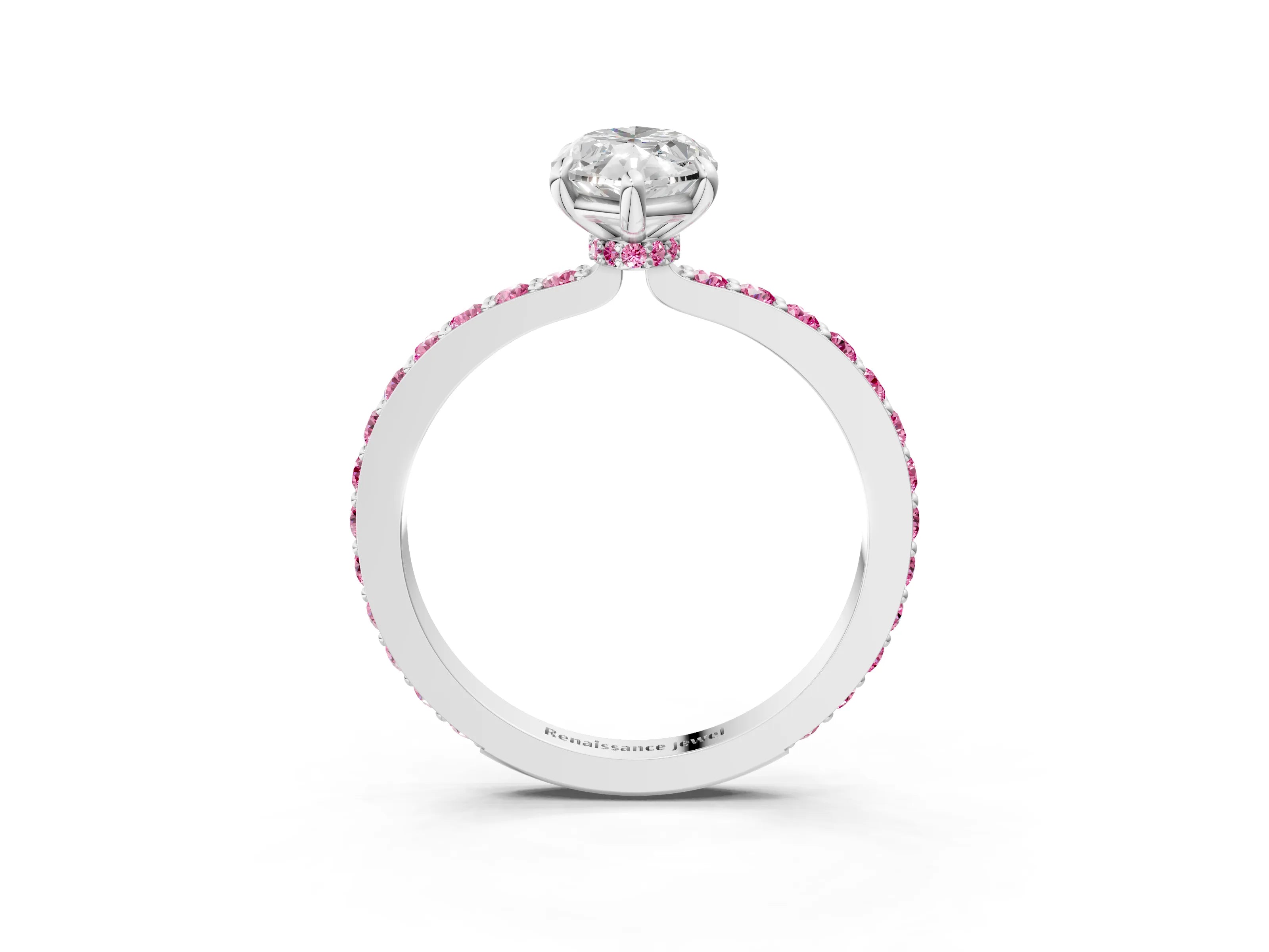 White gold Marquise Cut Diamond Pavé Engagement Ring with Round with Pink Sapphire side stone Accents and Prong Setting_15