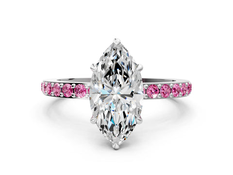 White gold Marquise Cut Diamond Pavé Engagement Ring with Round with Pink Sapphire side stone Accents and Prong Setting_6