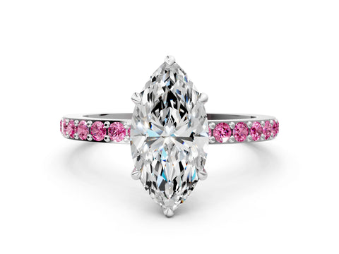 White gold Marquise Cut Diamond Pavé Engagement Ring with Round with Pink Sapphire side stone Accents and Prong Setting