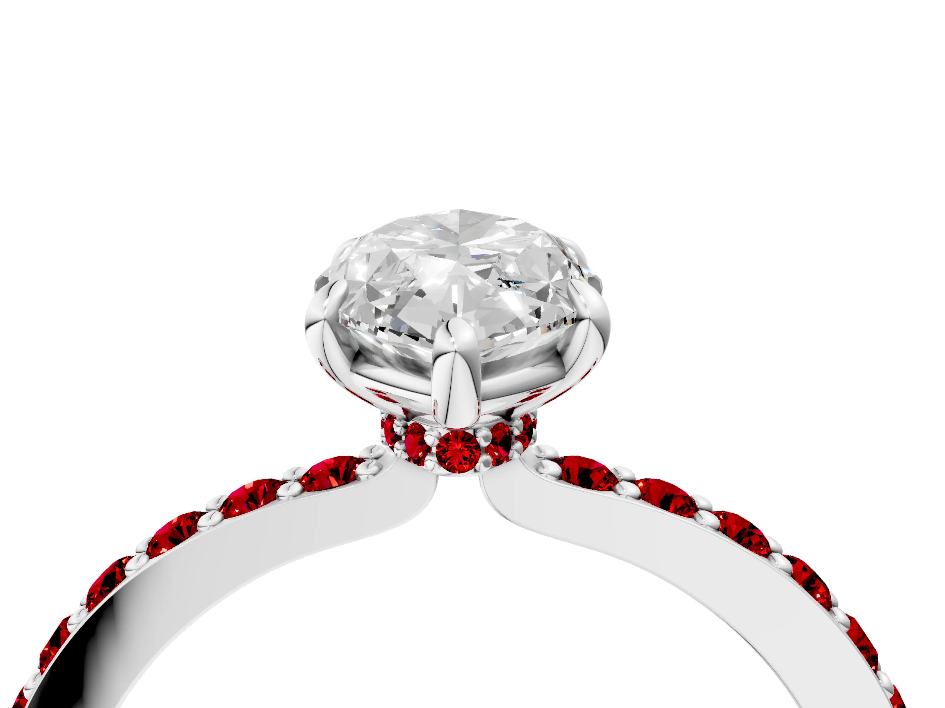 White gold Marquise Cut Diamond Pavé Engagement Ring with Round with Ruby side stone Accents and Prong Setting_16