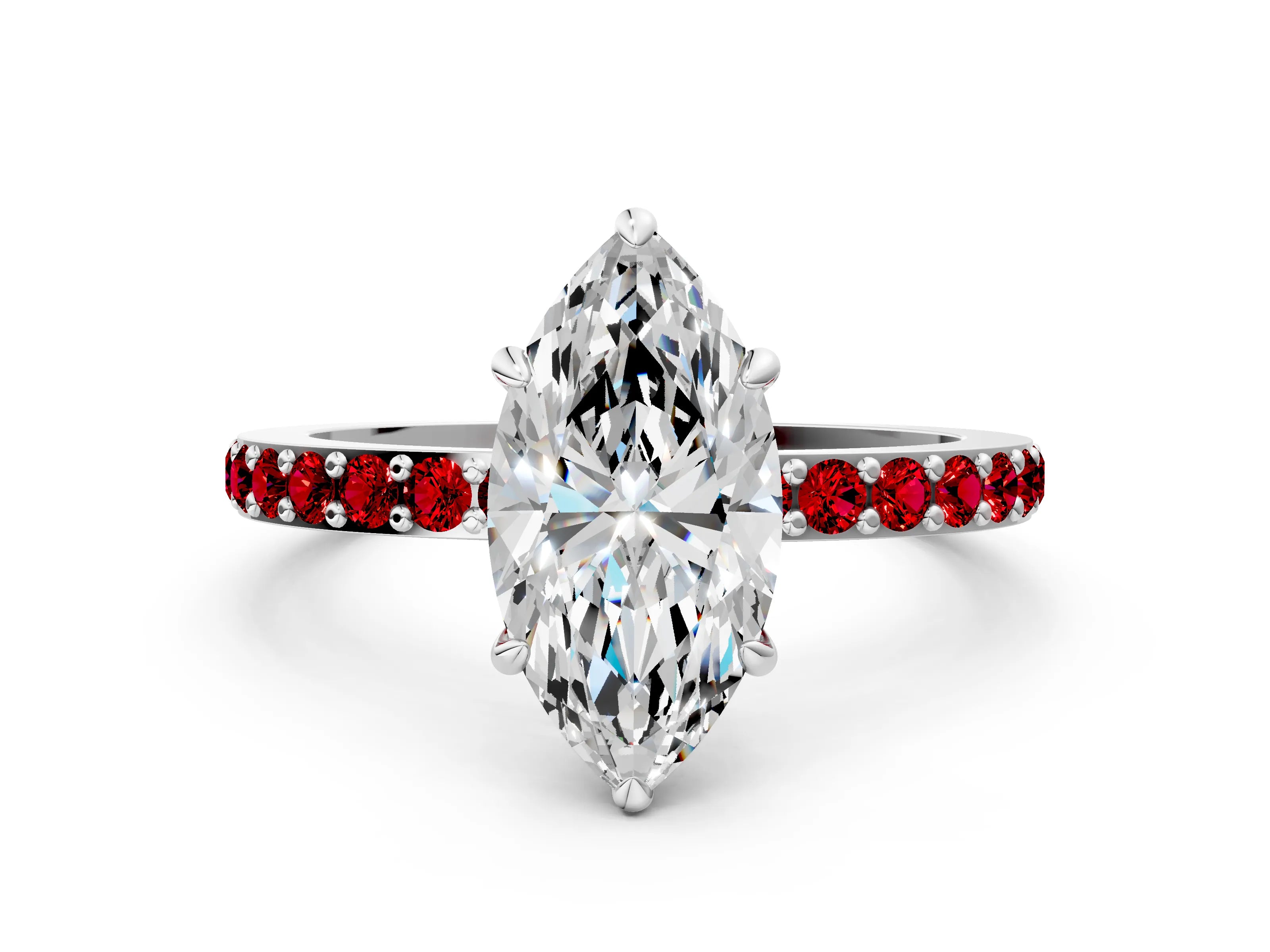 White gold Marquise Cut Diamond Pavé Engagement Ring with Round with Ruby side stone Accents and Prong Setting