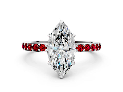 White gold Marquise Cut Diamond Pavé Engagement Ring with Round with Ruby side stone Accents and Prong Setting