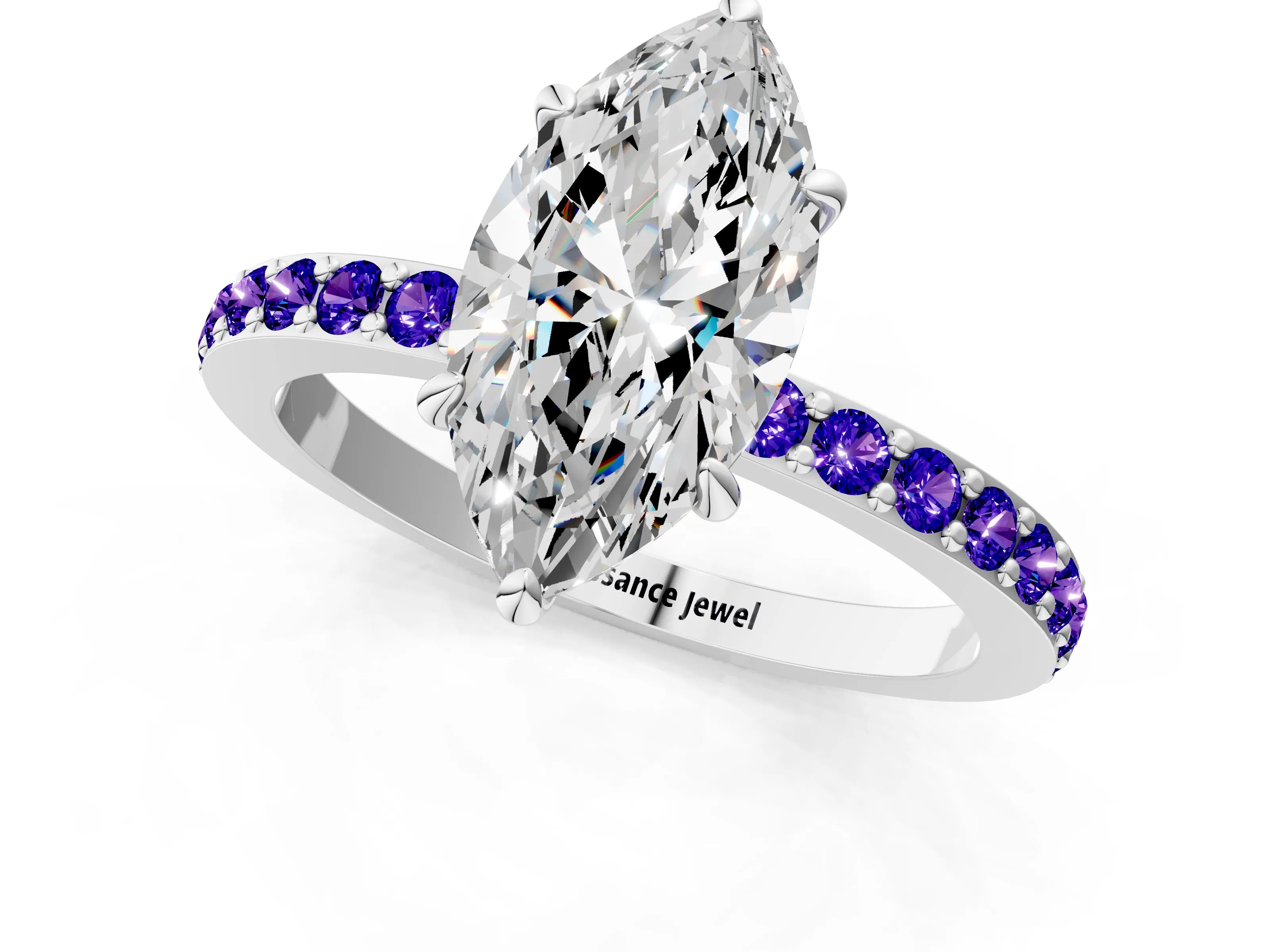 White gold Marquise Cut Diamond Pavé Engagement Ring with Round with Tanzanite side stone Accents and Prong Setting_1