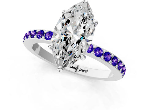 White gold Marquise Cut Diamond Pavé Engagement Ring with Round with Tanzanite side stone Accents and Prong Setting_1