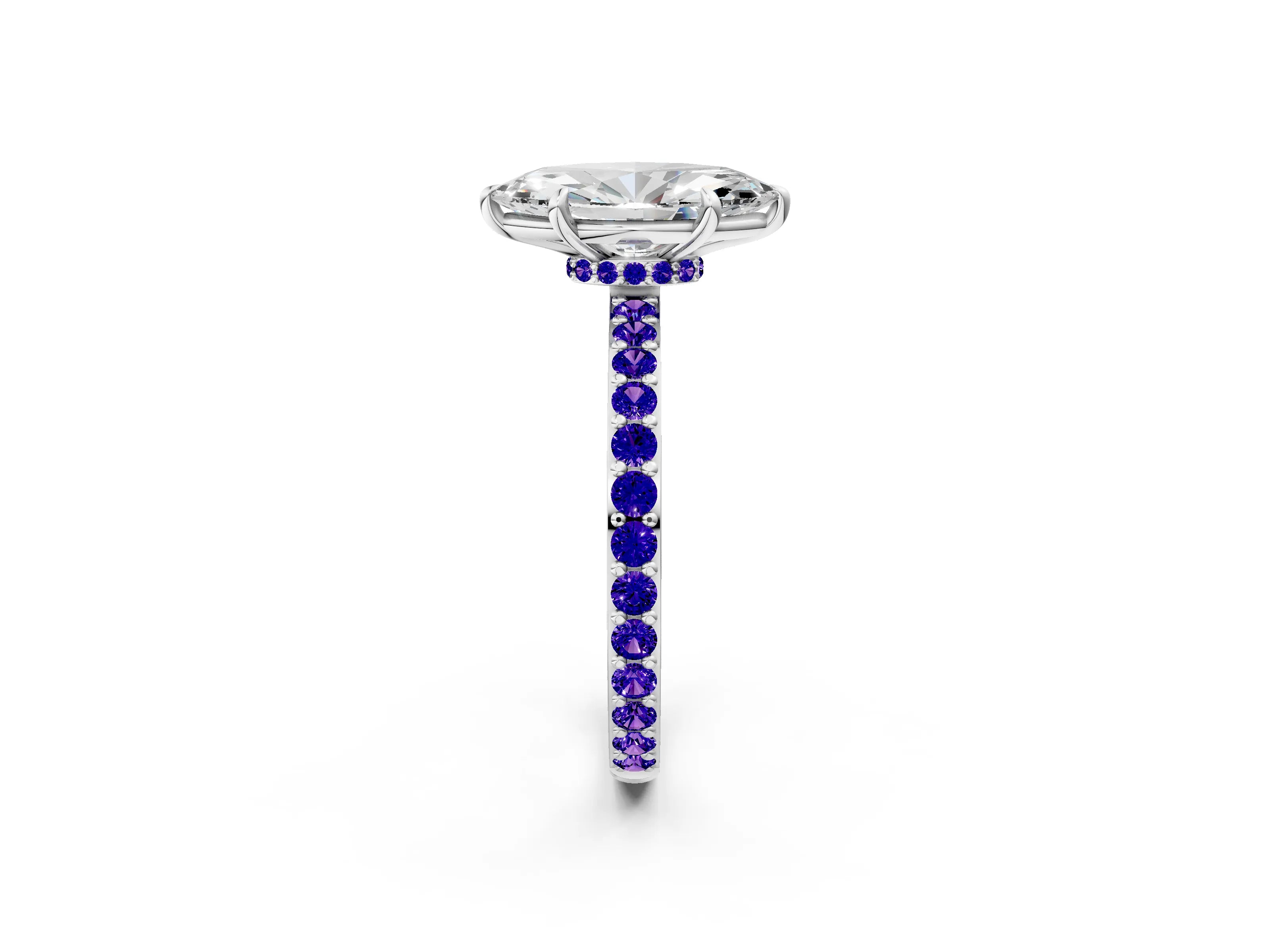 White gold Marquise Cut Diamond Pavé Engagement Ring with Round with Tanzanite side stone Accents and Prong Setting_2