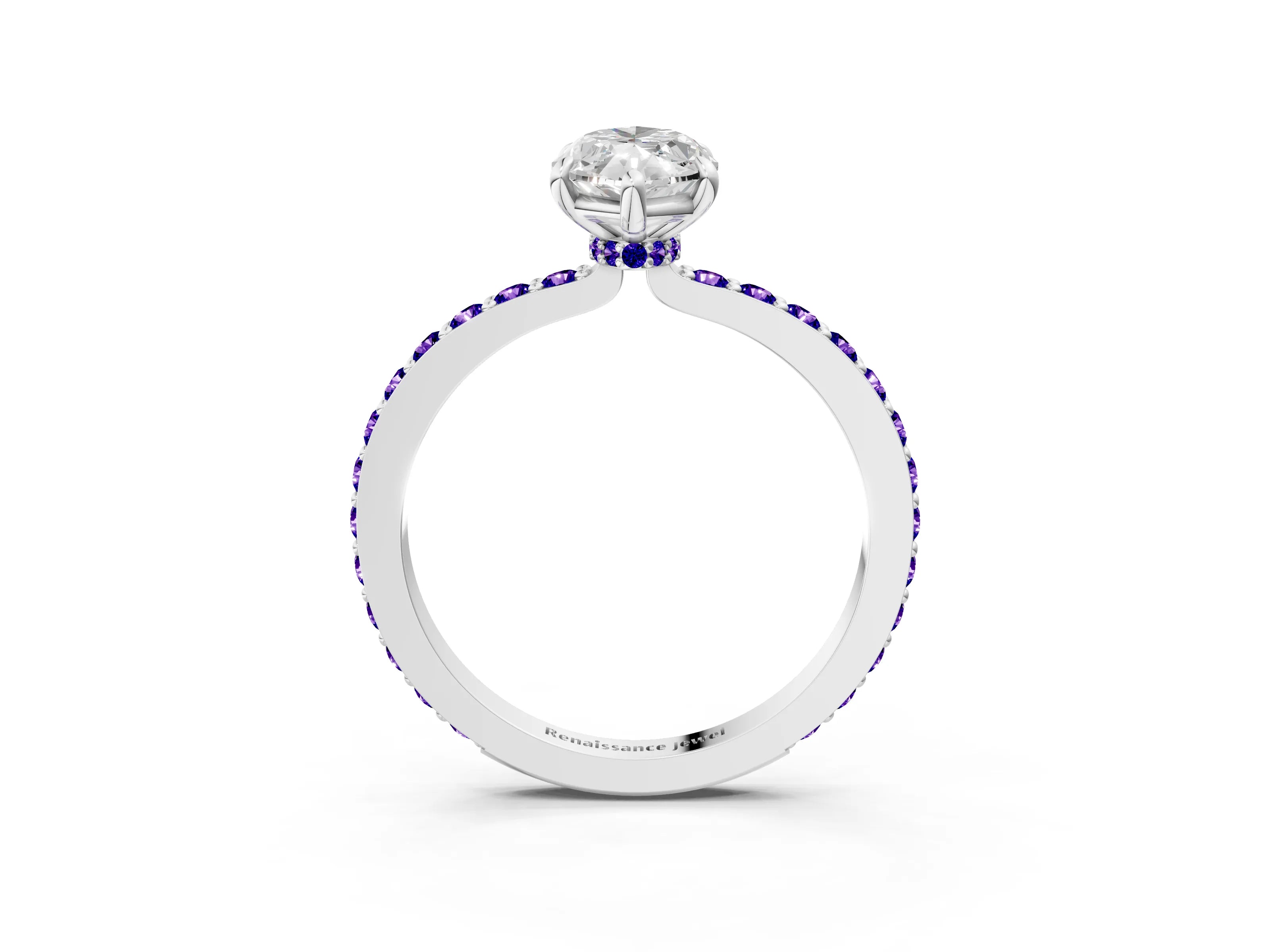 White gold Marquise Cut Diamond Pavé Engagement Ring with Round with Tanzanite side stone Accents and Prong Setting_3