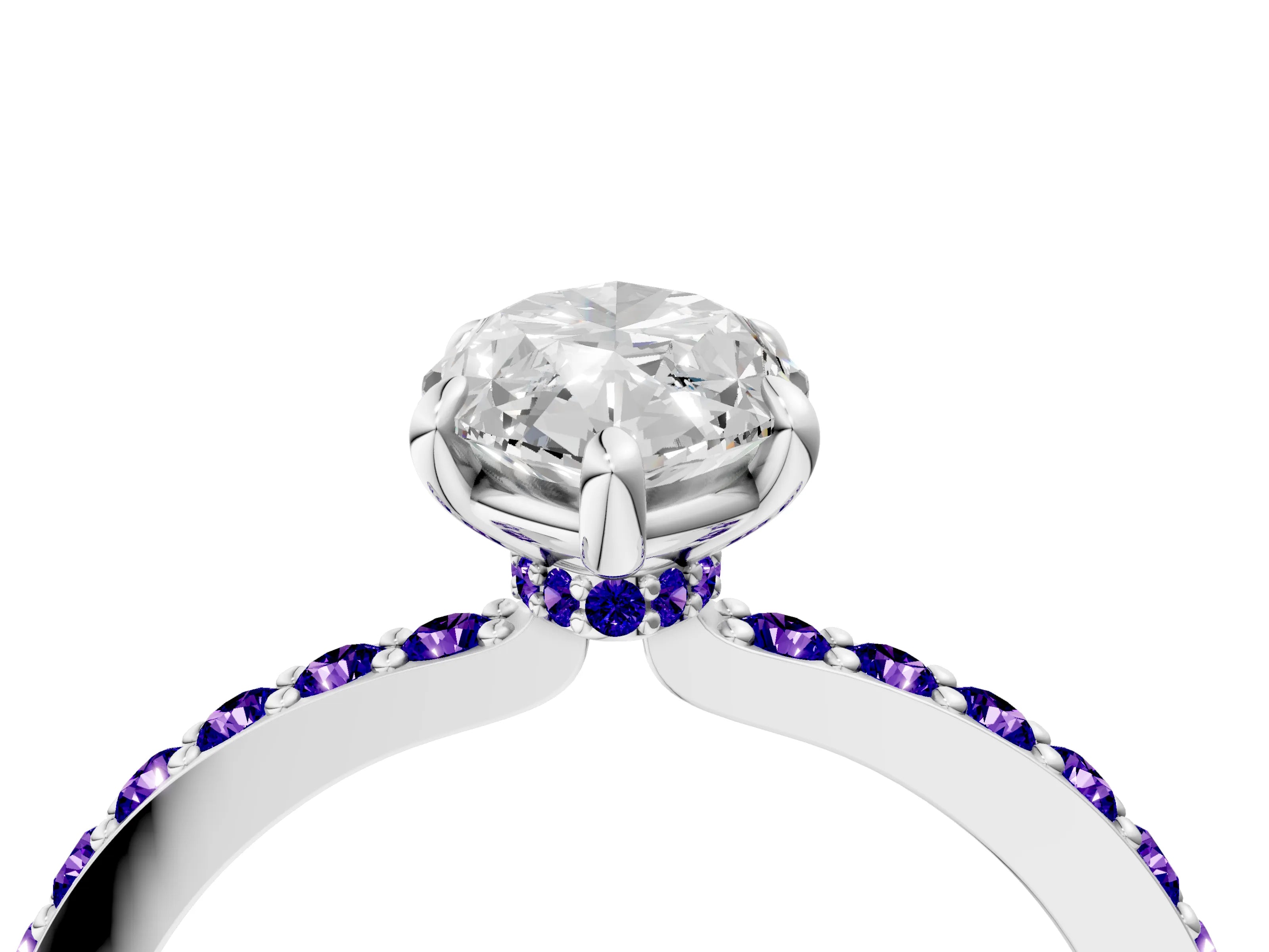 White gold Marquise Cut Diamond Pavé Engagement Ring with Round with Tanzanite side stone Accents and Prong Setting_4