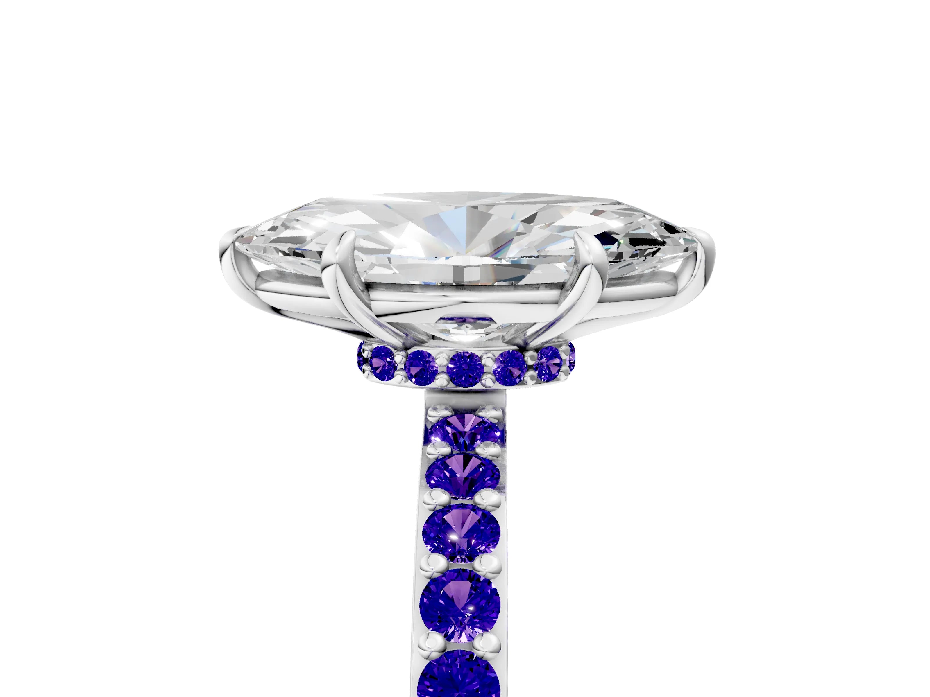 White gold Marquise Cut Diamond Pavé Engagement Ring with Round with Tanzanite side stone Accents and Prong Setting_5