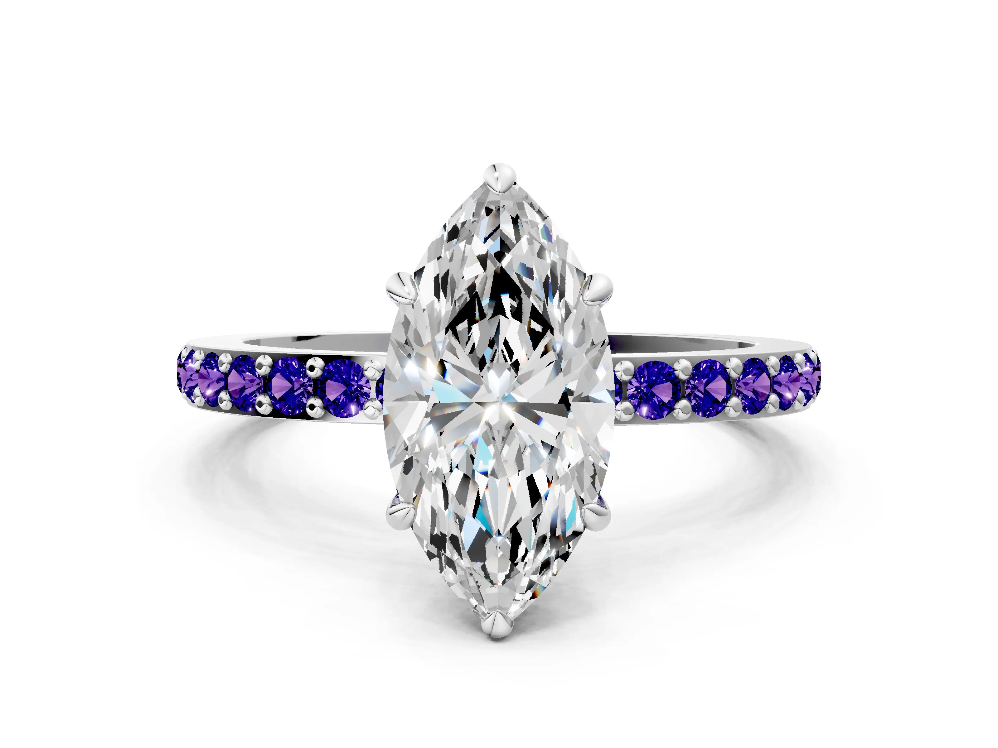 White gold Marquise Cut Diamond Pavé Engagement Ring with Round with Tanzanite side stone Accents and Prong Setting