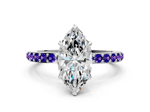 White gold Marquise Cut Diamond Pavé Engagement Ring with Round with Tanzanite side stone Accents and Prong Setting