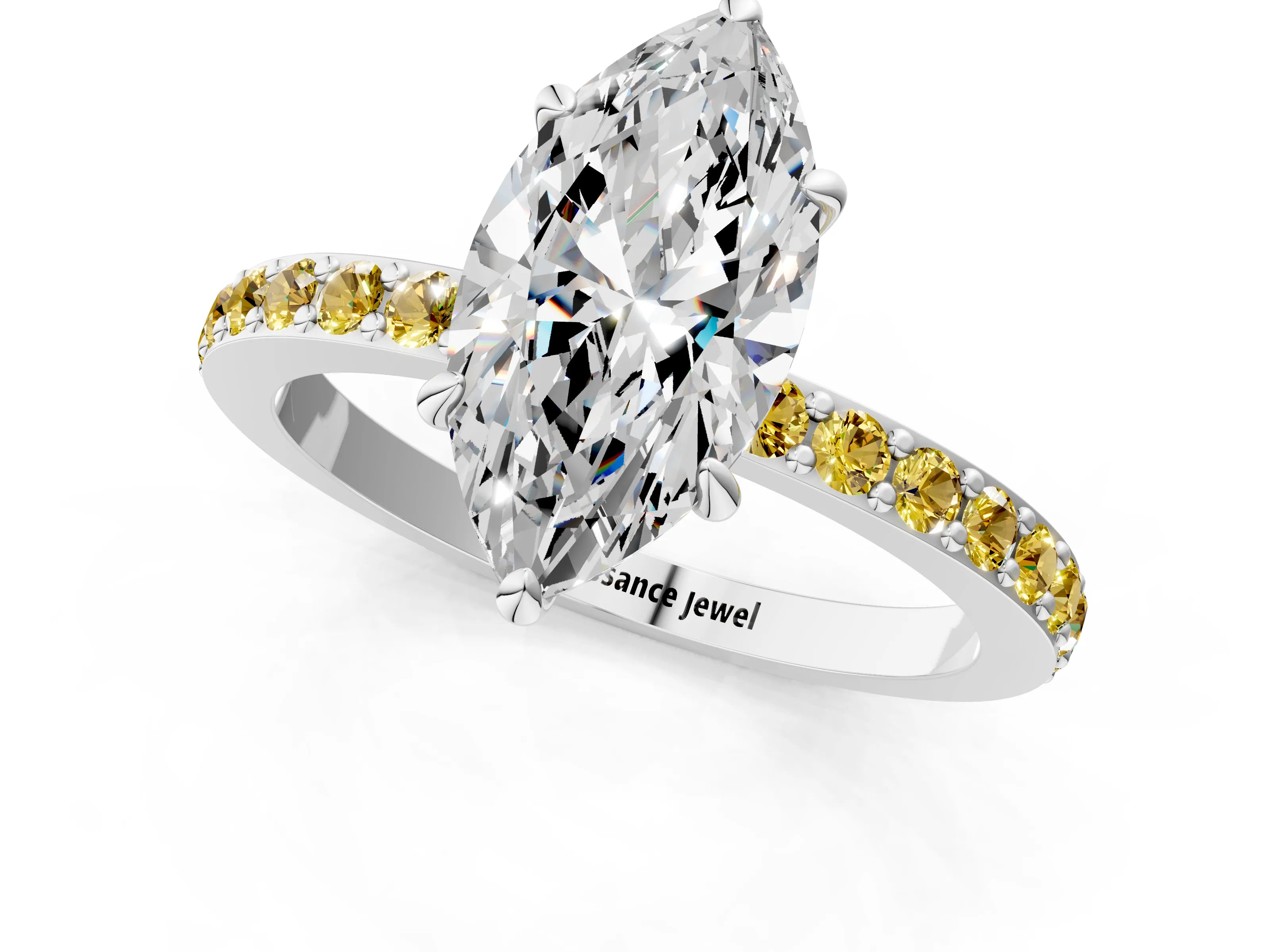 White gold Marquise Cut Diamond Pavé Engagement Ring with Round with Yellow Sapphire side stone Accents and Prong Setting_1