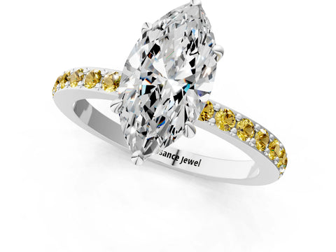 White gold Marquise Cut Diamond Pavé Engagement Ring with Round with Yellow Sapphire side stone Accents and Prong Setting_1