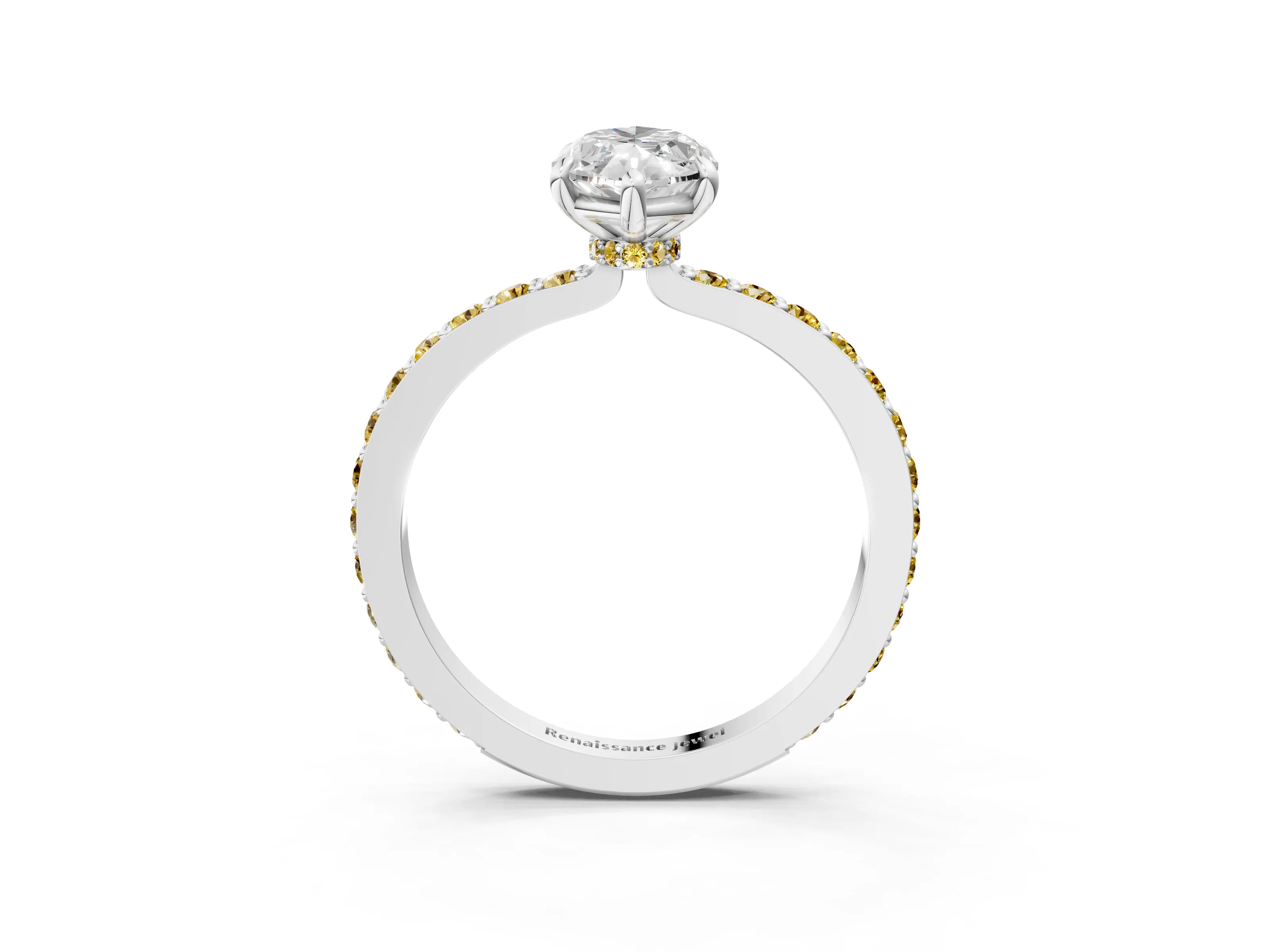 White gold Marquise Cut Diamond Pavé Engagement Ring with Round with Yellow Sapphire side stone Accents and Prong Setting_3