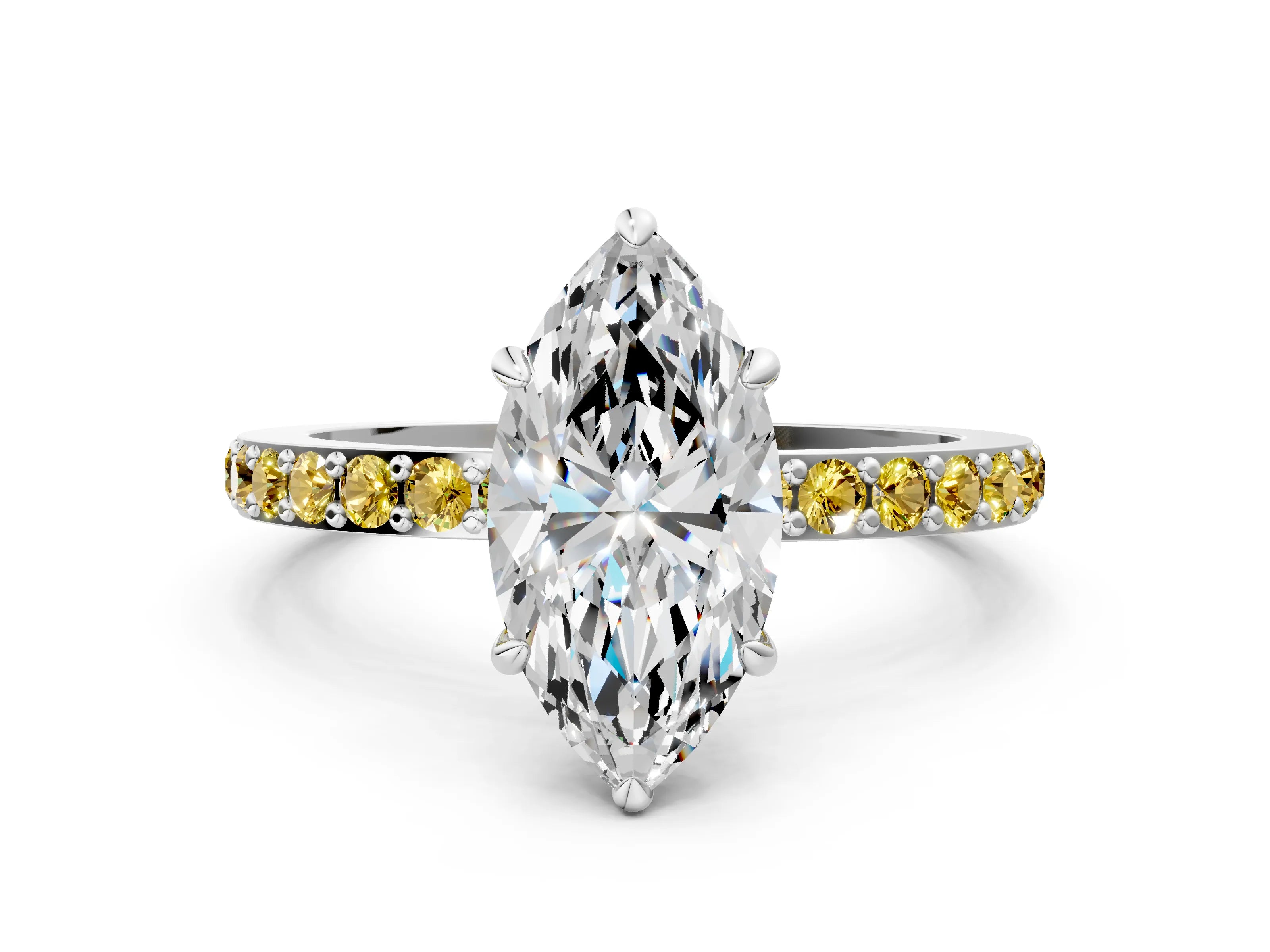 White gold Marquise Cut Diamond Pavé Engagement Ring with Round with Yellow Sapphire side stone Accents and Prong Setting
