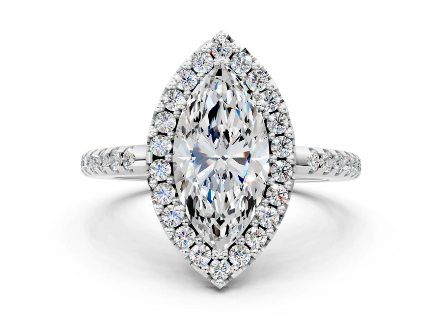 White gold Marquise Cut Diamond Pavé Halo Ring with Four-Prong Setting