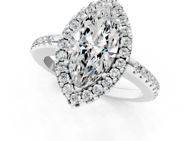 White gold Marquise Cut Diamond Pavé Halo Ring with Four-Prong Setting