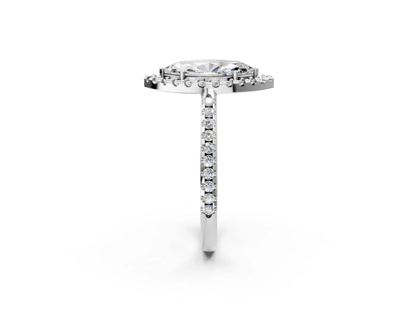 White gold Marquise Cut Diamond Pavé Halo Ring with Four-Prong Setting