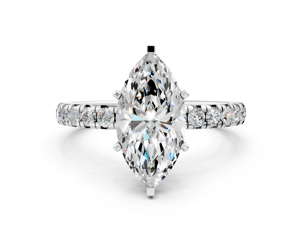 White Gold Marquise Solitaire Engagement Ring Setting with Shared Prong Pave Band