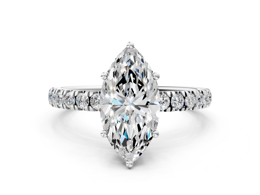 White gold Marquise Cut Diamond Pave Band Solitaire Ring with Four-Prong Setting