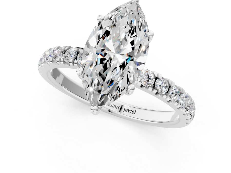 White gold Marquise Cut Diamond Pave Band Solitaire Ring with Four-Prong Setting