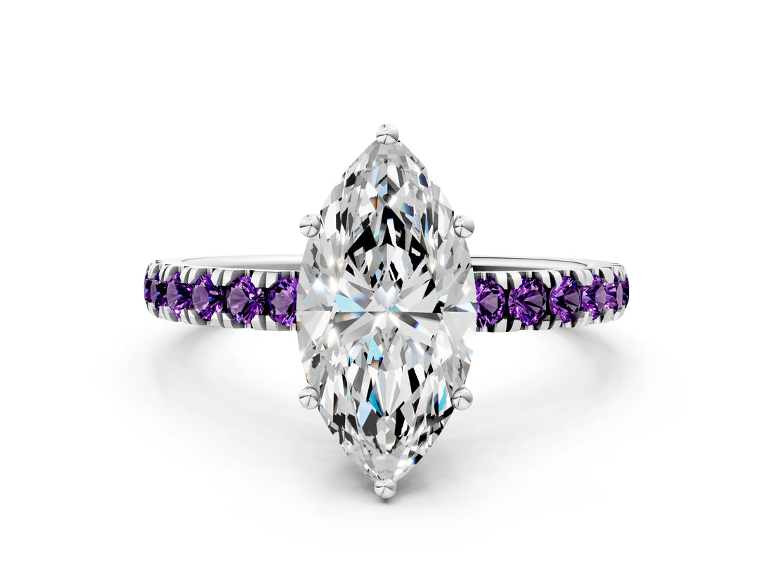 White gold Marquise Cut Diamond Pave Band Solitaire Ring with Round with Amethyst side stone and Prong Setting_12