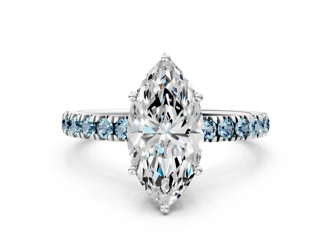 White gold Marquise Cut Diamond Pave Band Solitaire Ring with Round with Aquamarine side stone and Prong Setting