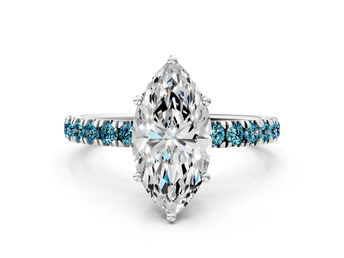 White gold Marquise Cut Diamond Pave Band Solitaire Ring with Round with Blue Topaz side stone and Prong Setting