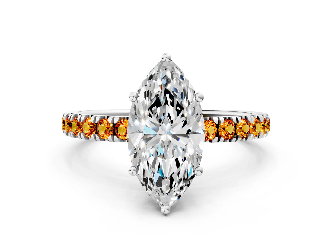 White gold Marquise Cut Diamond Pave Band Solitaire Ring with Round with Citrine side stone and Prong Setting_24