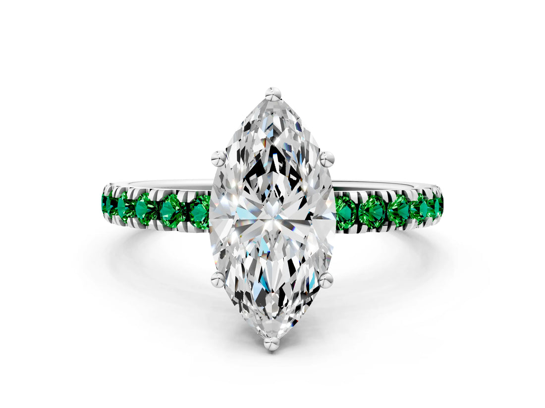 White gold Marquise Cut Diamond Pave Band Solitaire Ring with Round with Emerald side stone and Prong Setting_12