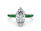 White gold Marquise Cut Diamond Pave Band Solitaire Ring with Round with Emerald side stone and Prong Setting