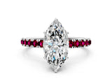 White gold Marquise Cut Diamond Pave Band Solitaire Ring with Round with Garnet side stone and Prong Setting