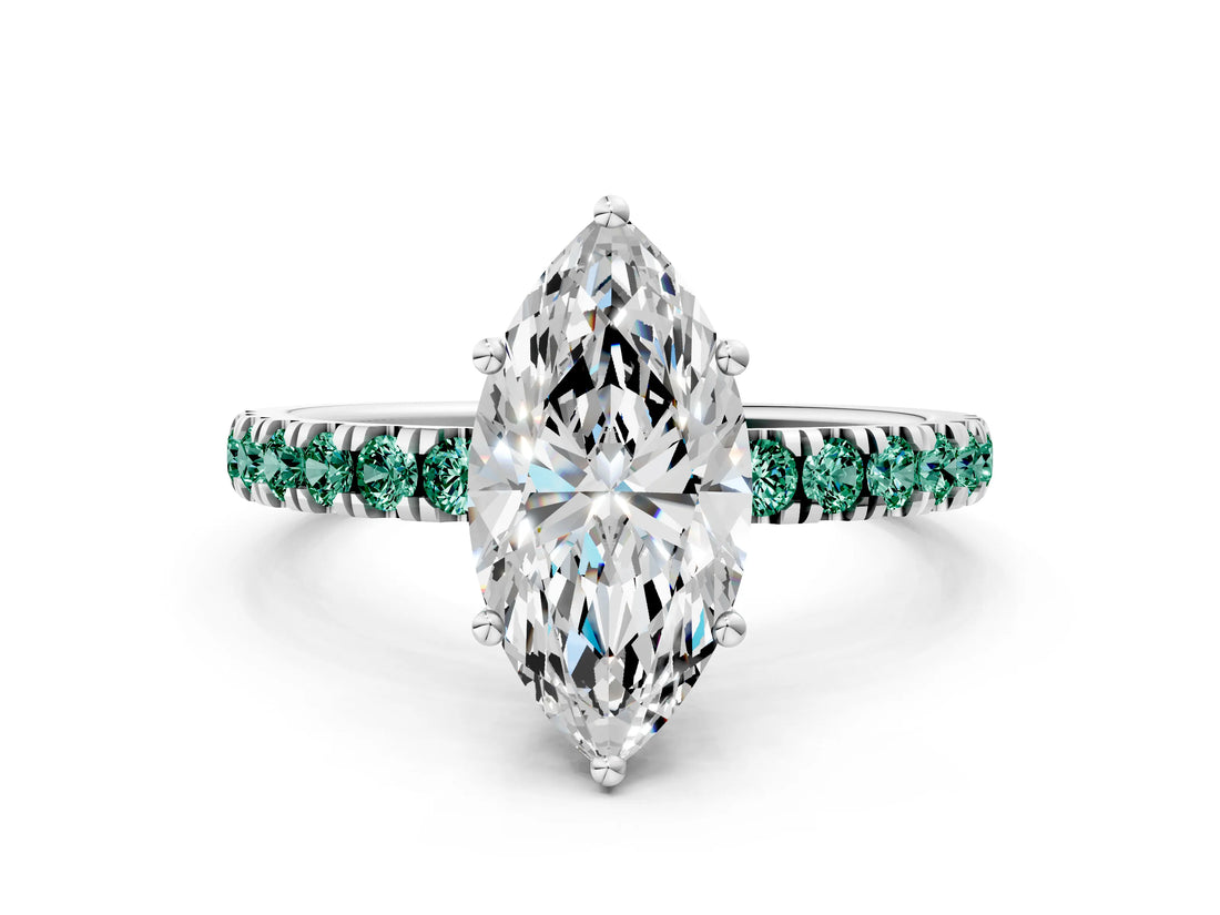 White gold Marquise Cut Diamond Pave Band Solitaire Ring with Round with Green Sapphire side stone and Prong Setting_12