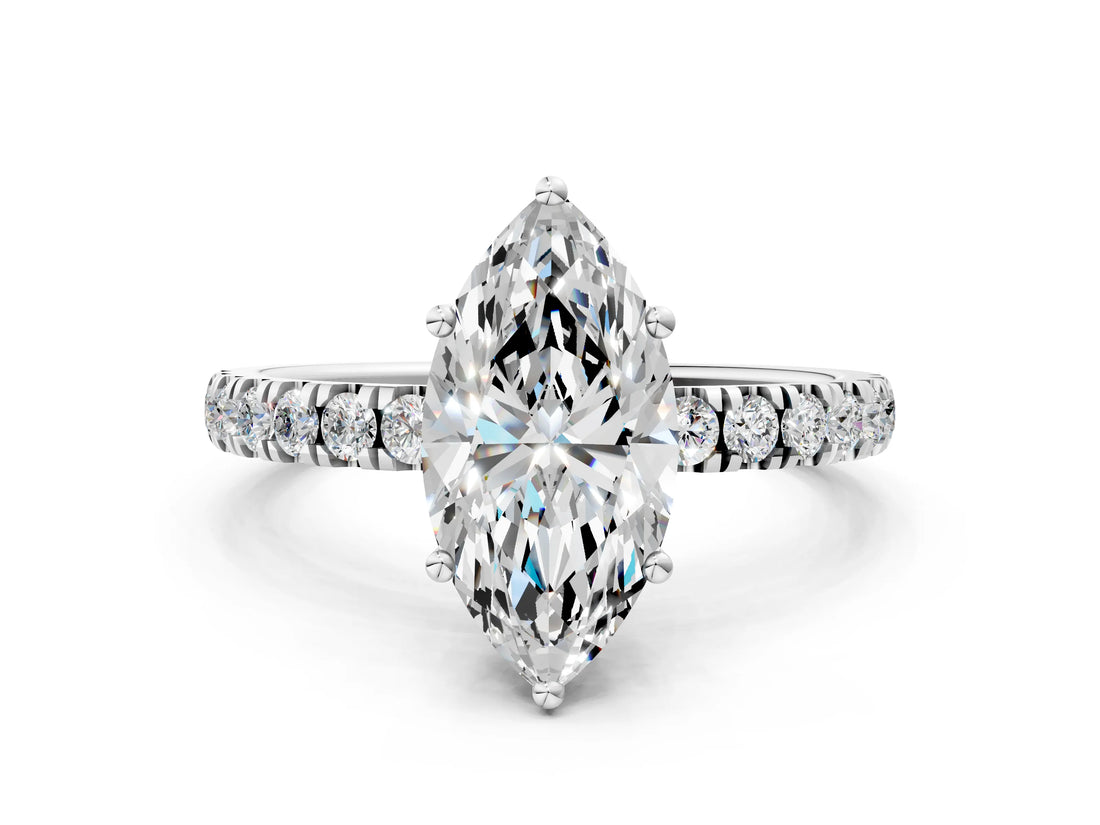 White gold Marquise Cut Diamond Pave Band Solitaire Ring with Round with Moissanite side stone and Prong Setting_12