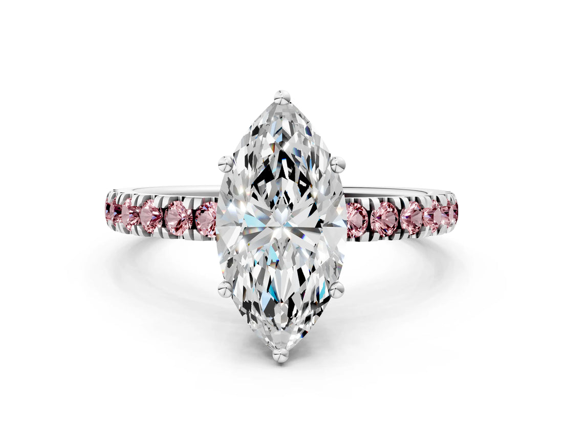 White gold Marquise Cut Diamond Pave Band Solitaire Ring with Round with Morganite side stone and Prong Setting
