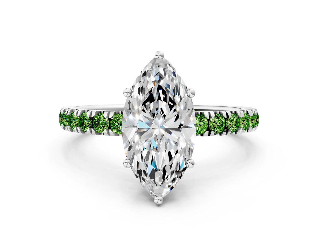 White gold Marquise Cut Diamond Pave Band Solitaire Ring with Round with Peridot side stone and Prong Setting_6