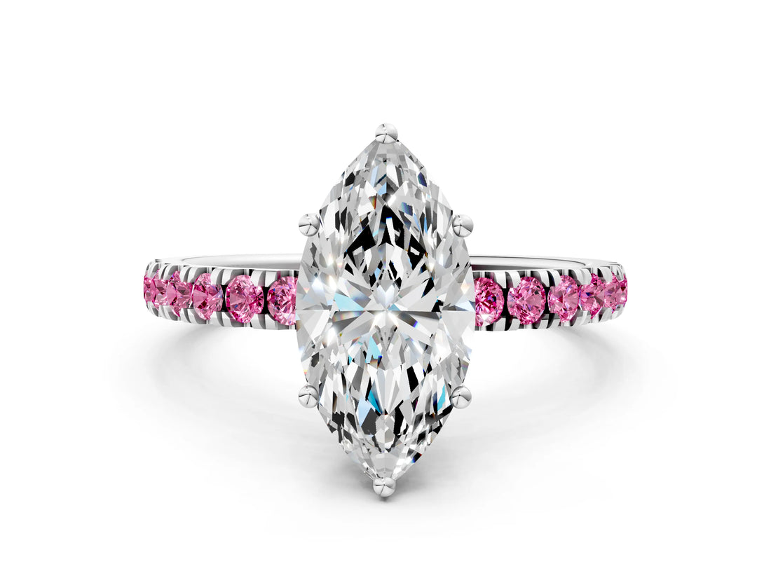 White gold Marquise Cut Diamond Pave Band Solitaire Ring with Round with Pink Sapphire side stone and Prong Setting