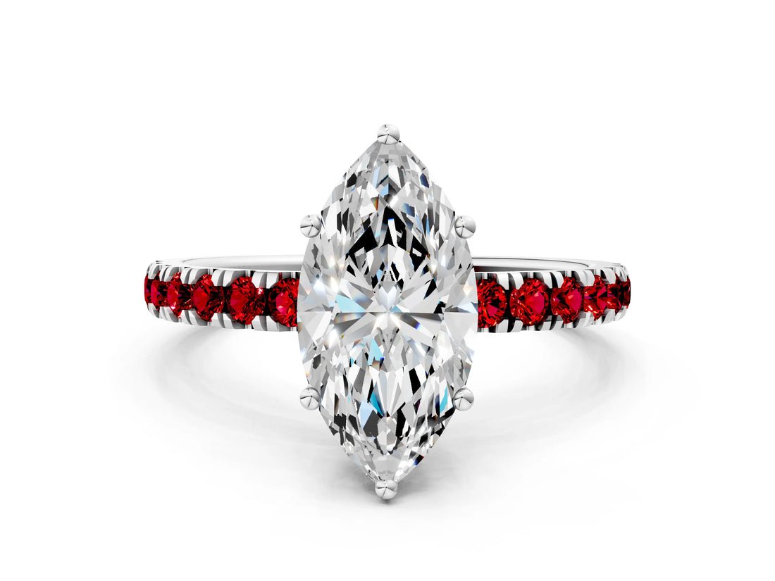 White gold Marquise Cut Diamond Pave Band Solitaire Ring with Round with Ruby side stone and Prong Setting