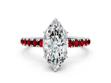 White gold Marquise Cut Diamond Pave Band Solitaire Ring with Round with Ruby side stone and Prong Setting